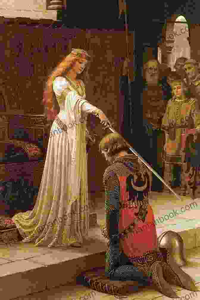 A Medieval Knight Kneeling Before His Lady Fair, Offering Her A Flower As A Token Of His Love And Devotion. Poetic Expressions Of Gallantry